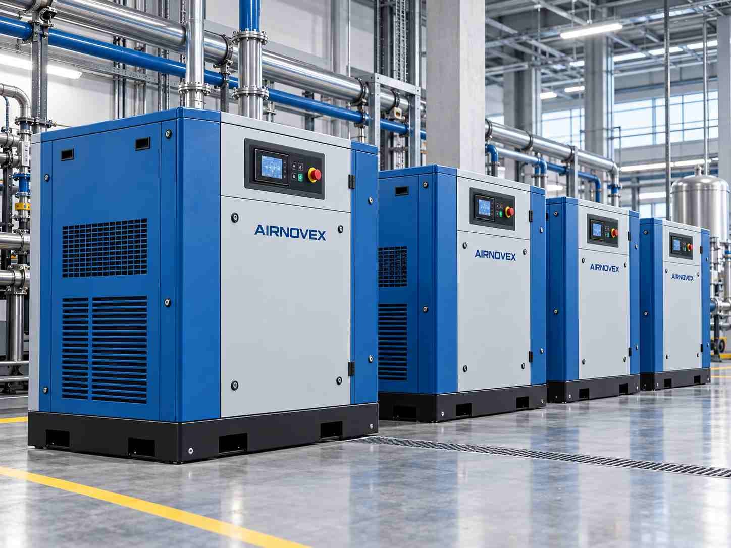 Industrial rotary screw air compressors arranged in a production facility