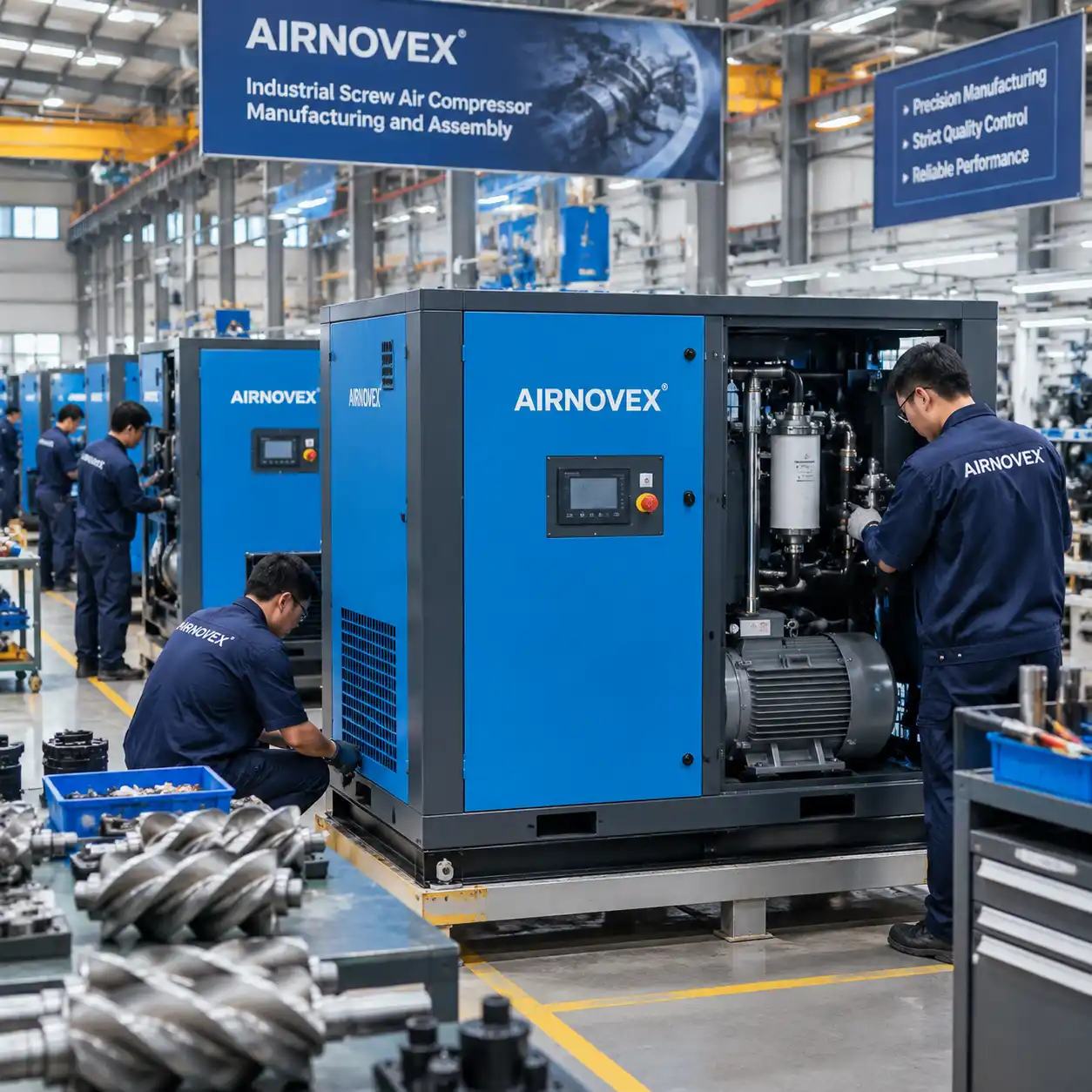 AIRNOVEX industrial screw air compressor manufacturing and assembly