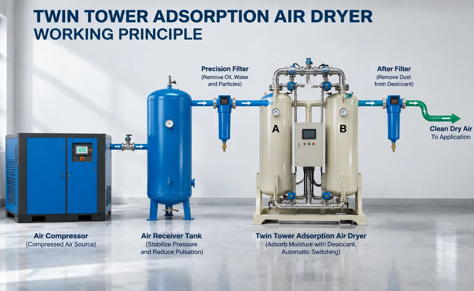 Compressed air system with screw compressor receiver tank dryer and filters