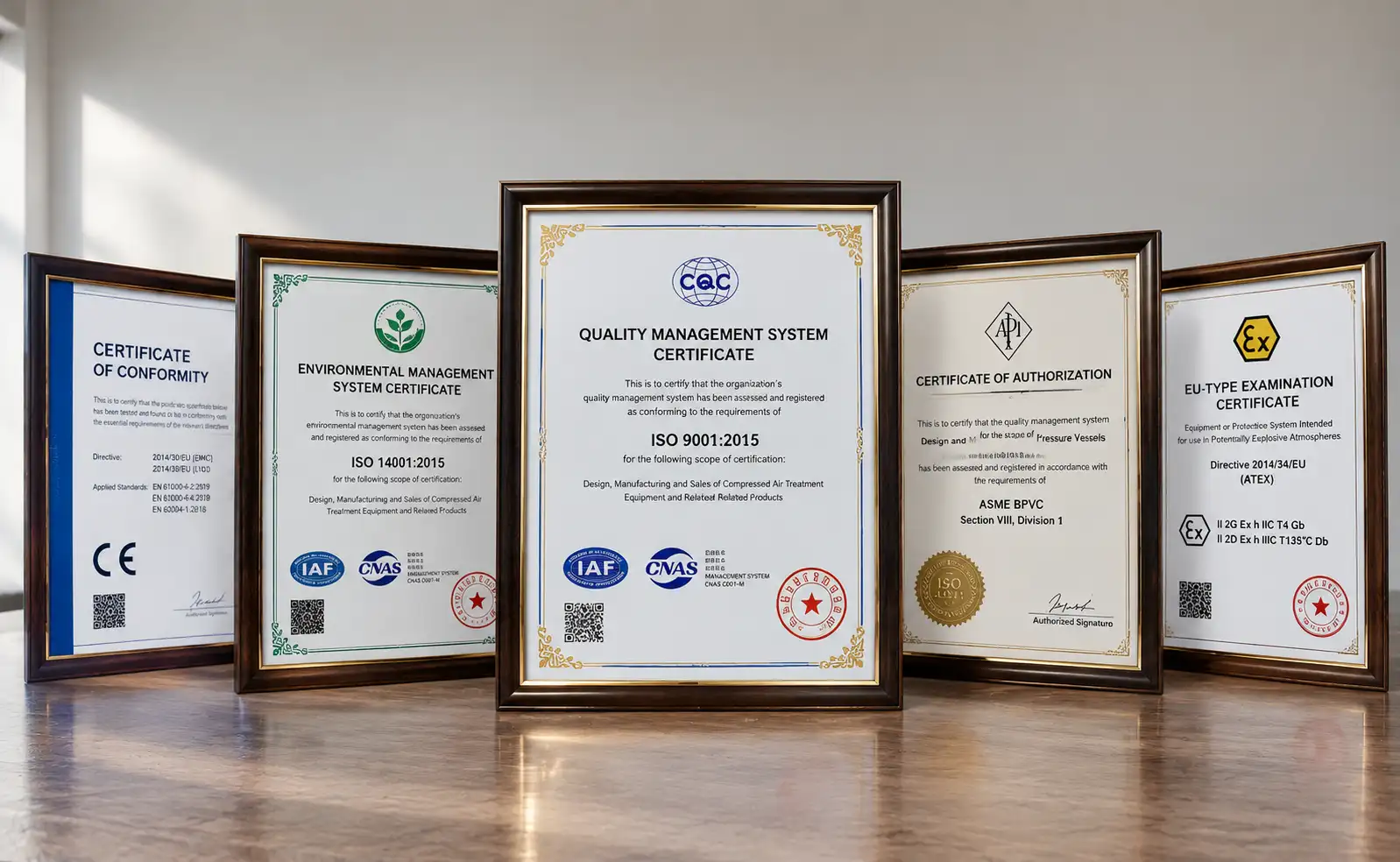 Example industrial manufacturer certifications and quality documents