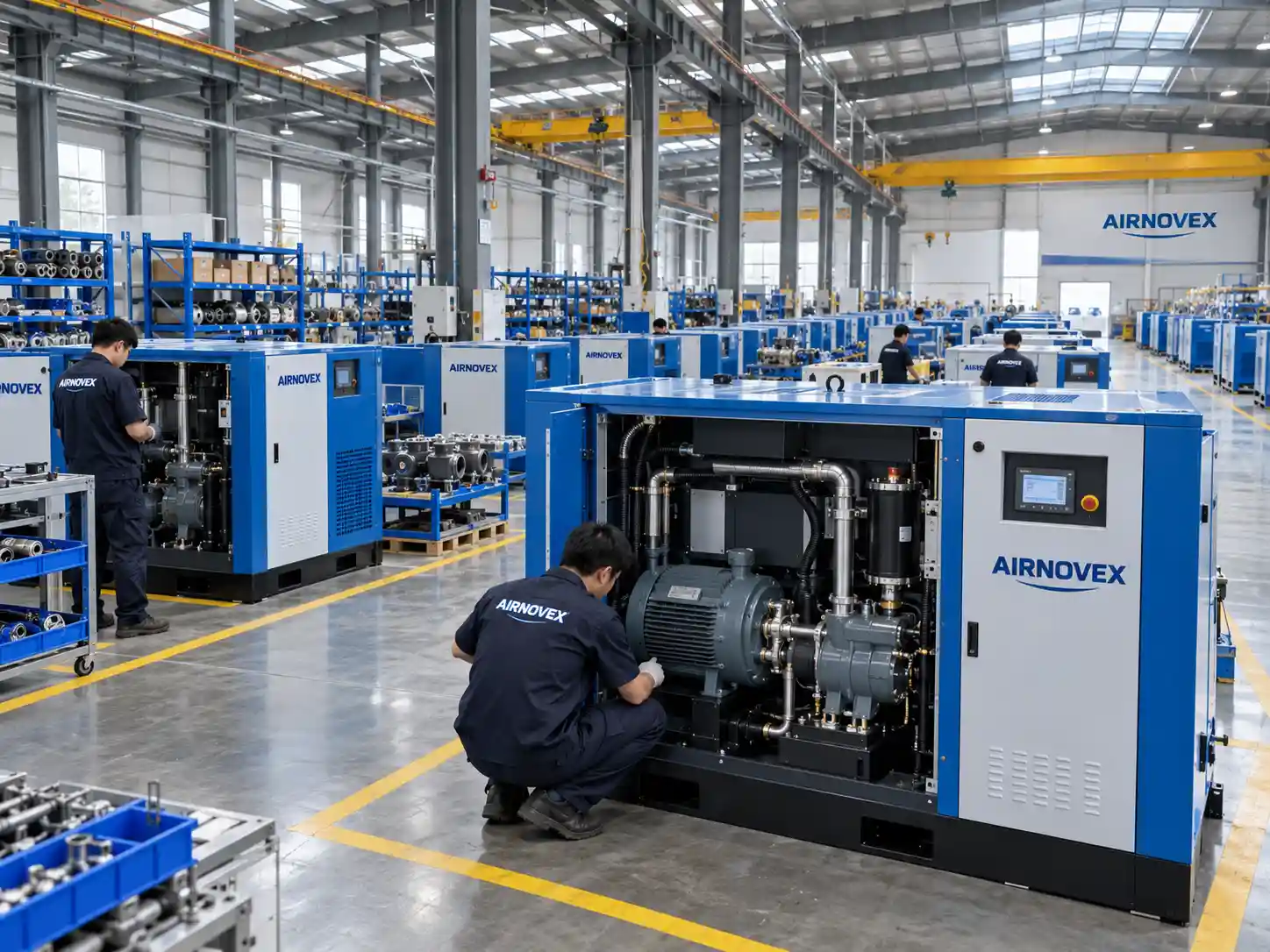 Industrial screw air compressors in the AIRNOVEX manufacturing workshop